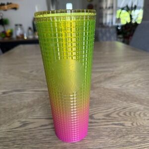 Starbucks 24oz Tumbler lemon yellow pink gradient ombre grid Venti cold cup 2022